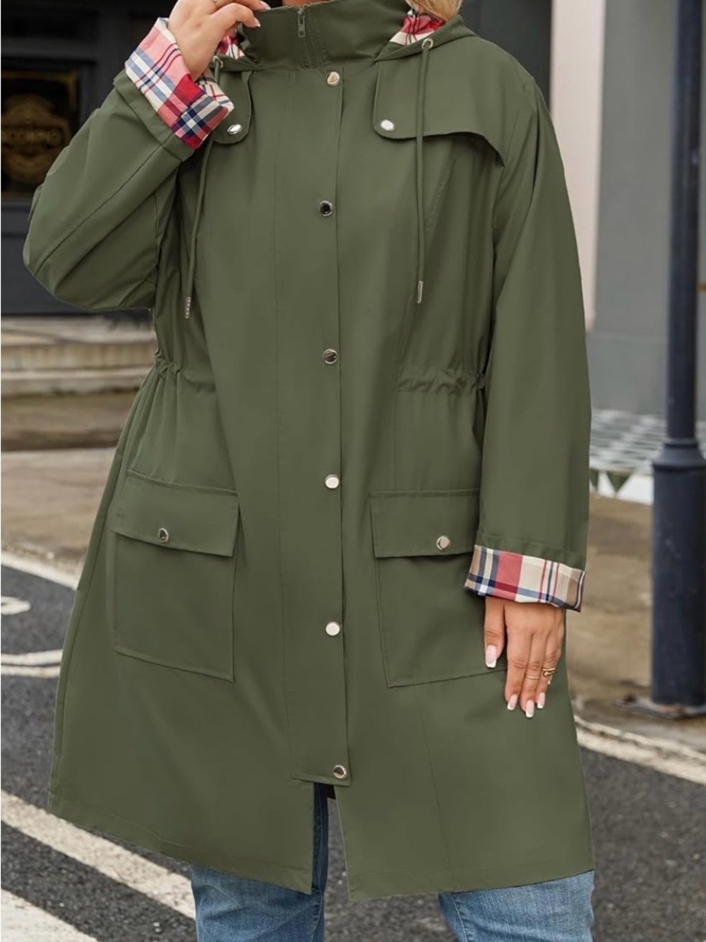 Olive Green Hooded Trench Coat with Plaid Trim